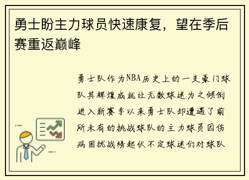 勇士盼主力球员快速康复，望在季后赛重返巅峰